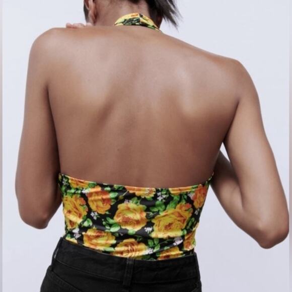 NWT Zara Bodysuit Womens L Yellow Floral Halter Neck Backless Boho Feminine - Picture 2 of 8